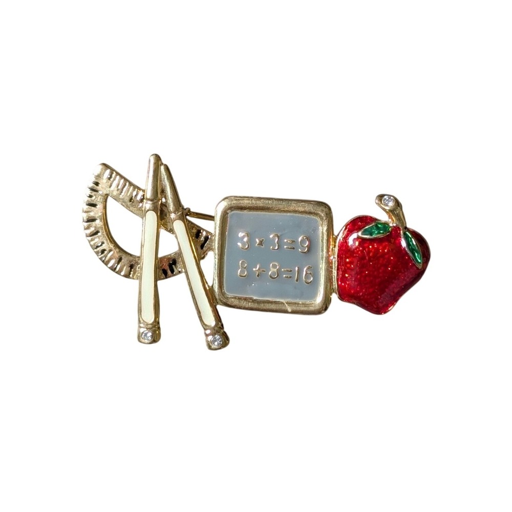 Vintage 80s School Teacher Nostalgic Mathematics Red Apple Gold Metal Brooch